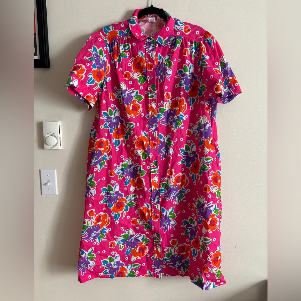 VTG EUC‎ 70s Evelyn Pearson XL Pearl Snap House Dress Floral Pockets Hot Pink